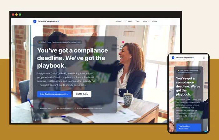 DefenseCompliance.ai website on a laptop and a phone